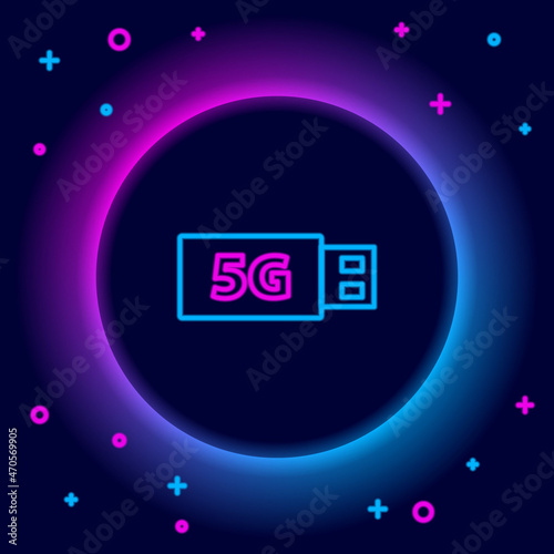 Glowing neon line 5G modem for fast mobile Internet icon isolated on black background. Global network high speed connection data rate technology. Colorful outline concept. Vector
