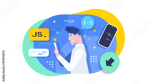 Open source vector illustration. Programming language concept. Developer protocol platform interface with code information. Digital software script.