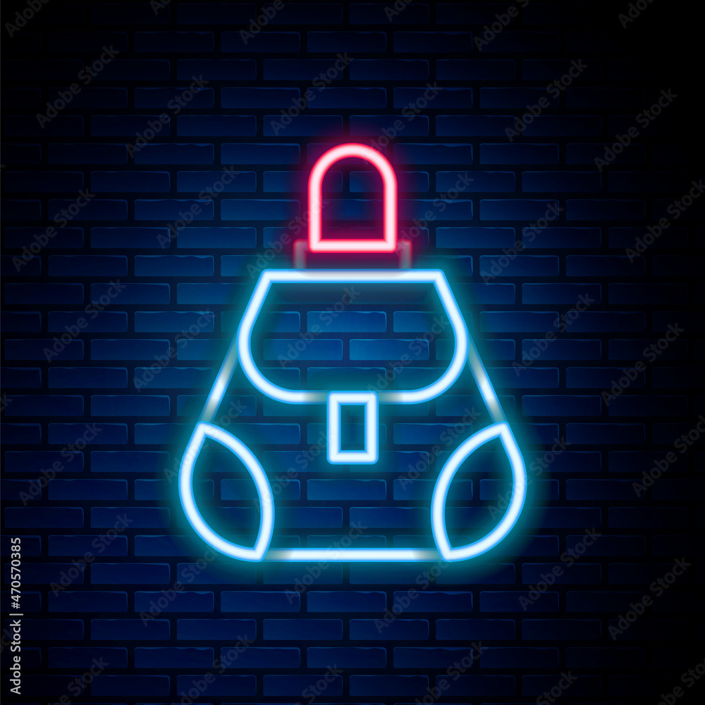 Glowing neon line Handbag icon isolated on brick wall background. Female handbag sign. Glamour casual baggage symbol. Colorful outline concept. Vector Glowing neon line Handbag icon isolated on brick wall background. Female handbag sign. Glamour casual baggage symbol. Colorful outline concept. Vector