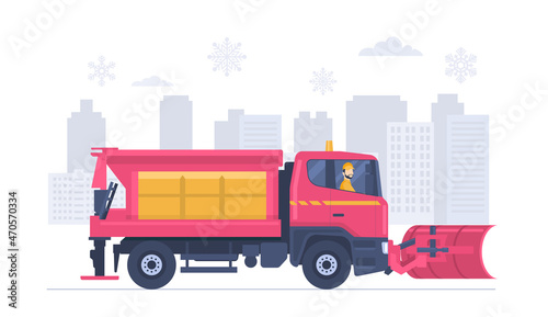 Snow blower truck with driver against the background of an abstract cityscape. Vector illustration. photo