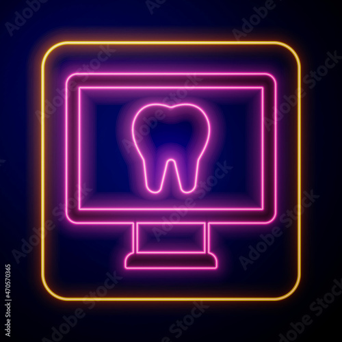 Glowing neon Online dental care icon isolated on black background. Dental service information call center. Vector