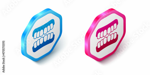 Isometric Dentures model icon isolated on white background. Teeth of the upper jaw. Dental concept. Hexagon button. Vector