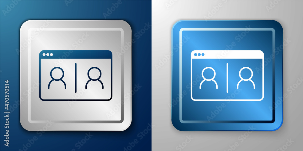 White Video chat conference icon isolated on blue and grey background. Online meeting work form home. Remote project management. Silver and blue square button. Vector White Video chat conference icon isolated on blue and grey background. Online meeting work form home. Remote project management. Silver and blue square button. Vector