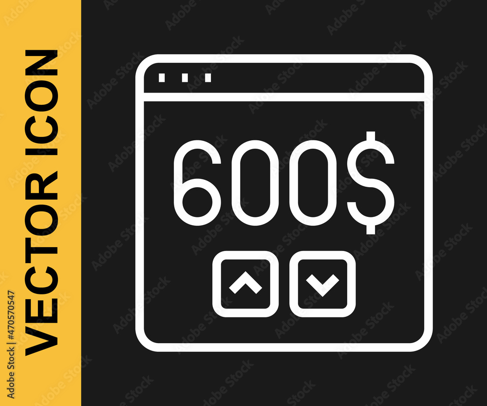 White line Monitor with dollar icon isolated on black background. Sending money around the world, money transfer, online banking, financial transaction. Vector White line Monitor with dollar icon isolated on black background. Sending money around the world, money transfer, online banking, financial transaction. Vector