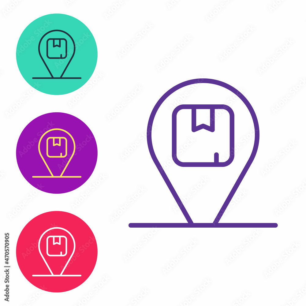 Set line Location with cardboard box icon isolated on white background. Delivery services, logistic and transportation, distribution. Set icons colorful. Vector Set line Location with cardboard box icon isolated on white background. Delivery services, logistic and transportation, distribution. Set icons colorful. Vector