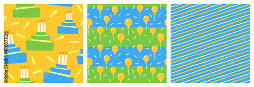  Birthday boy colorful vector seamless pattern set in yellow, blue and green colors. Birthday cake, balloon and coordinating stripes collection. 