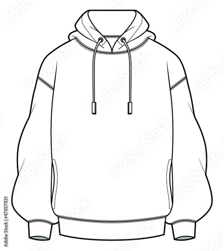 drop shoulder drawstring hoodie jacket unisex long sleeve sweatshirt fashion template flat sketch vector illustration photo