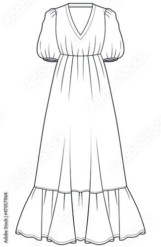 women gathered puff short sleeve v neck empire maxi dress fashion flat sketch vector illustration