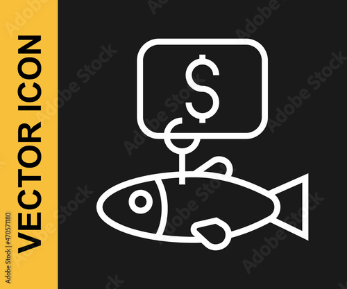 White line Price tag for fish icon isolated on black background. Vector