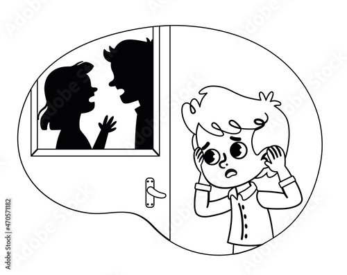 Black and white vector illustration of a boy witnessing his parents fight.
