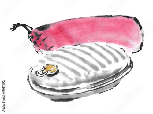 水墨画技法で描いたブリキの湯たんぽ