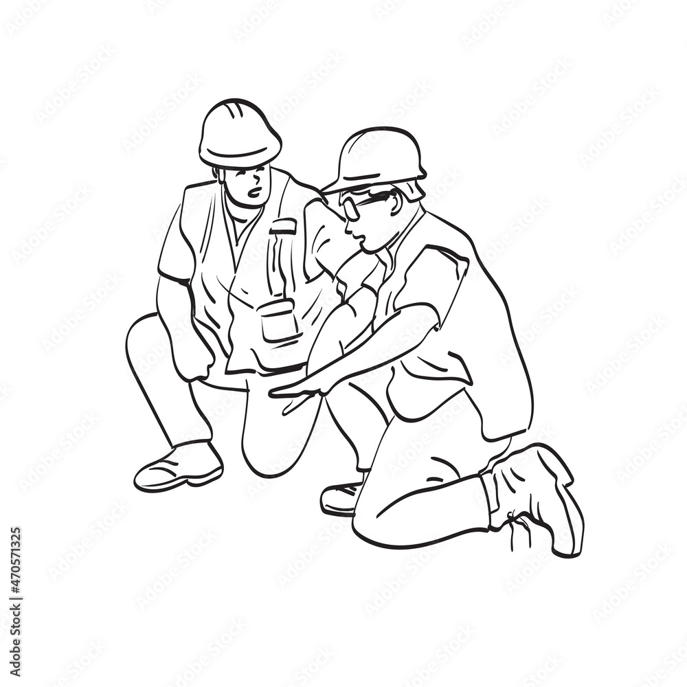 two construction workers talking in hard hats illustration vector isolated on white background line art. two construction workers talking in hard hats illustration vector isolated on white background line art.