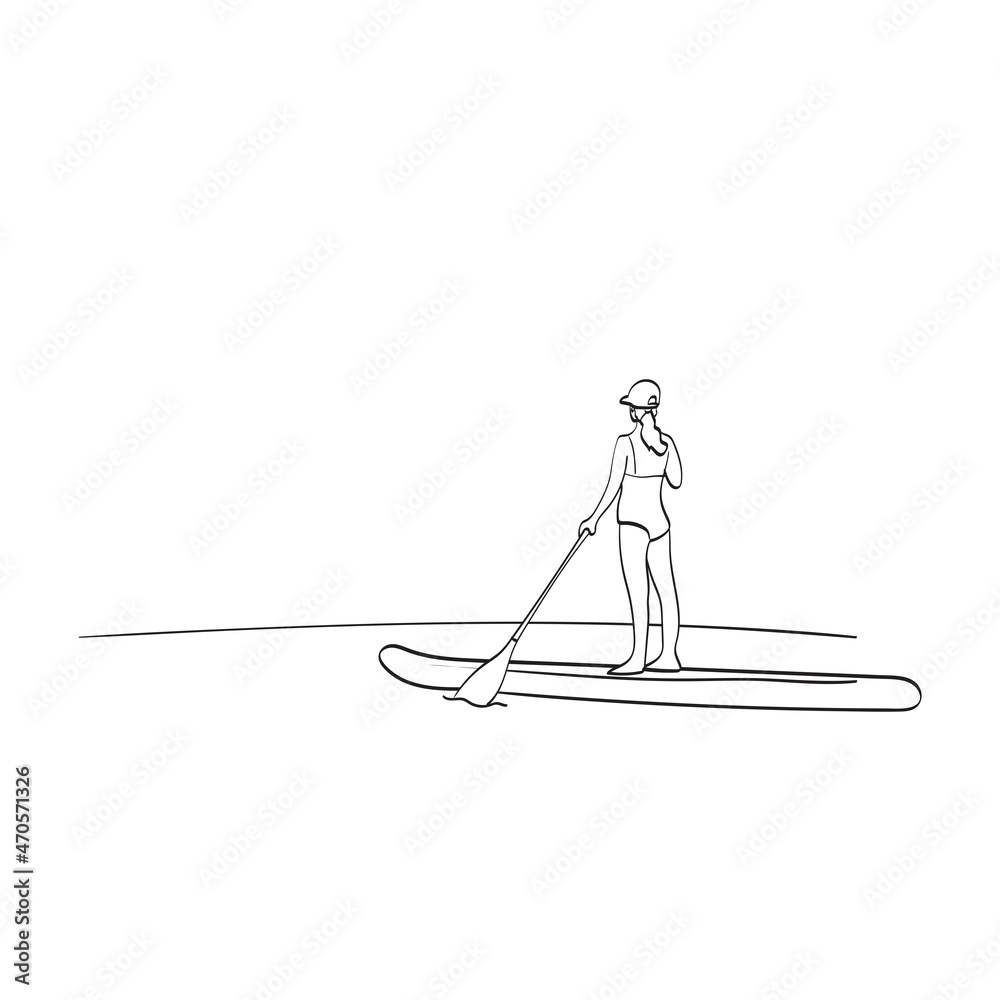 back view of woman stand up paddle board illustration vector isolated on white background line art.