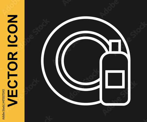 White line Dishwashing liquid bottle and plate icon isolated on black background. Liquid detergent for washing dishes. Vector