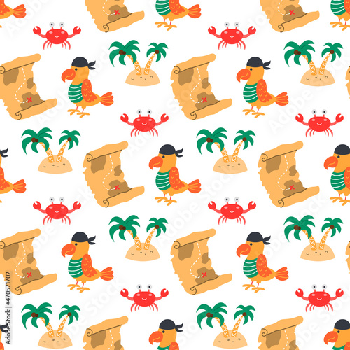 Parrot with pirate map among palm trees, vector seamless pattern in flat cartoon style