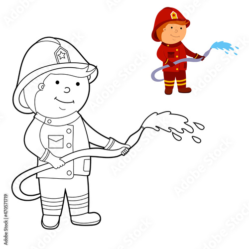 coloring book. color it according to the pattern. illustration of a firefighter, vector