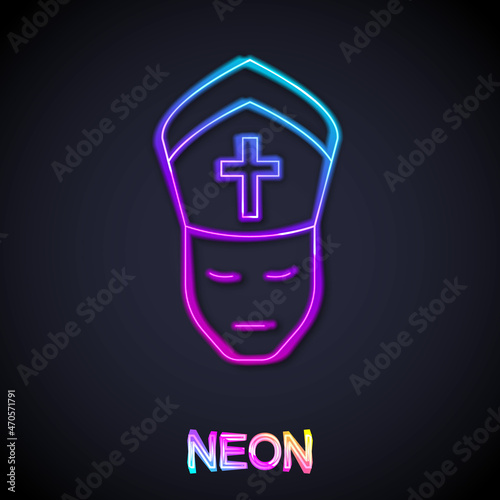Glowing neon line Pope icon isolated on black background. Pope hat. Holy father. Vector
