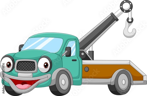 Cartoon smiling car towing truck mascot