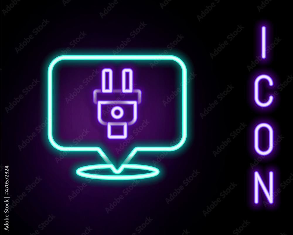 Glowing neon line Electric plug icon isolated on black background. Concept of connection and disconnection of the electricity. Colorful outline concept. Vector