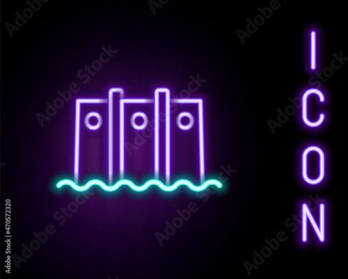 Glowing neon line Hydroelectric dam icon isolated on black background. Water energy plant. Hydropower. Hydroelectricity. Colorful outline concept. Vector