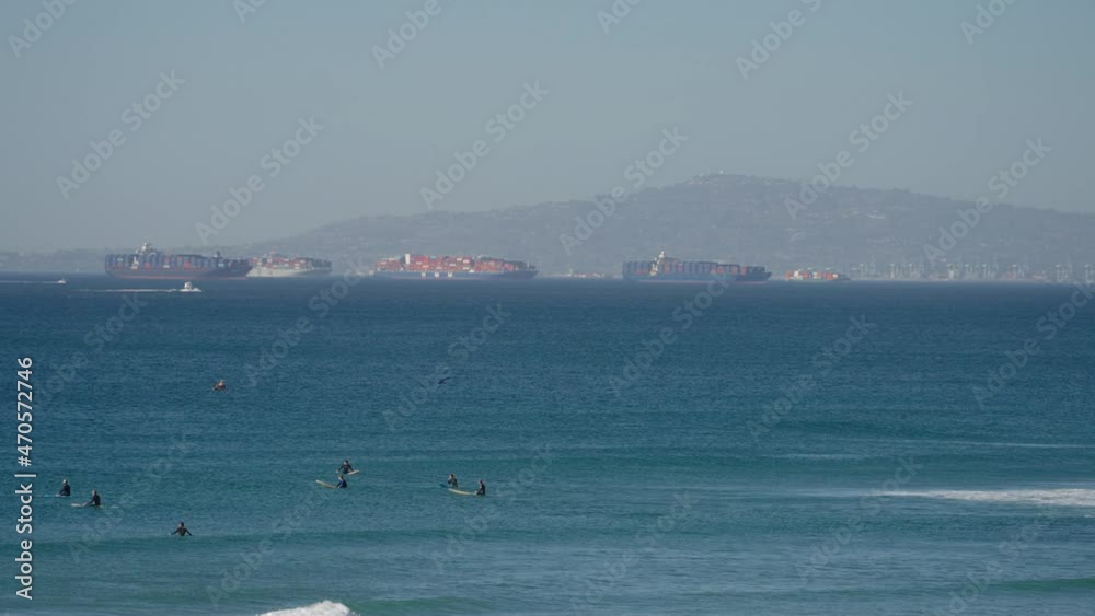 Huge shipping container cargo ships off the coast of Long Beach Harbor, California Huge shipping container cargo ships off the coast of Long Beach Harbor, California