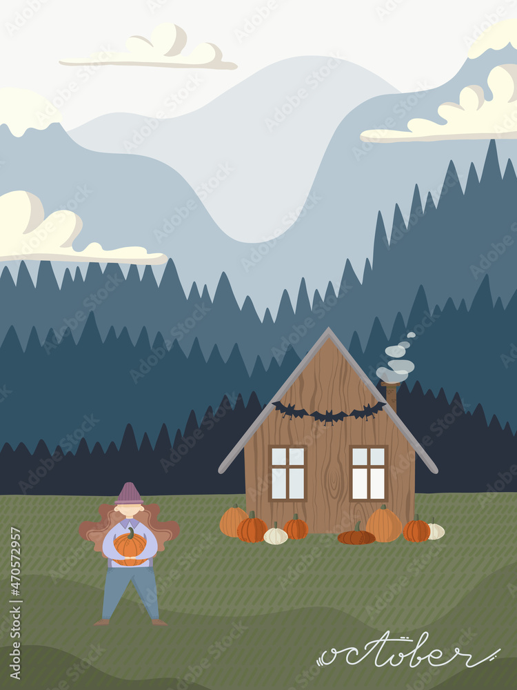 October girl with pumpkins vector illustration. Lettering template for calendar. Mountain view with wooden cabin