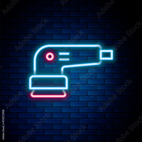 Glowing neon line Electric sander icon isolated on brick wall background. Orbital sander. For floor and wooden planks sanding sandpaper. Colorful outline concept. Vector
