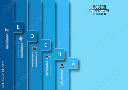 Vector infographic template with 3D paper label, integrated circles. Business concept with 5 options. For content, diagram, flowchart, steps, parts, timeline infographics, workflow, chart.