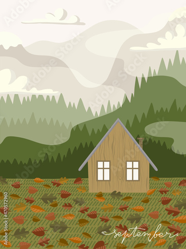 September wooden cabin with fallen leaves on mountain view vector illustration