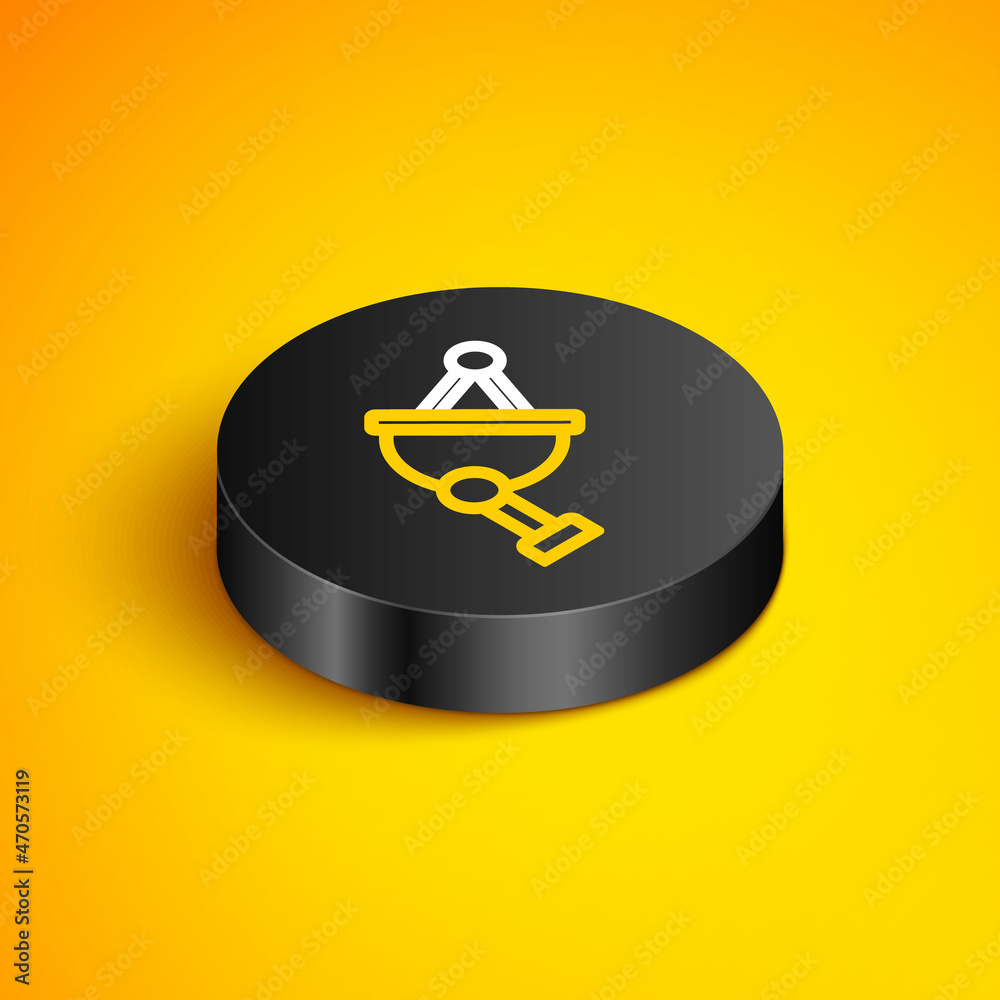 Isometric line Satellite dish icon isolated on yellow background. Radio antenna, astronomy and space research. Black circle button. Vector Isometric line Satellite dish icon isolated on yellow background. Radio antenna, astronomy and space research. Black circle button. Vector