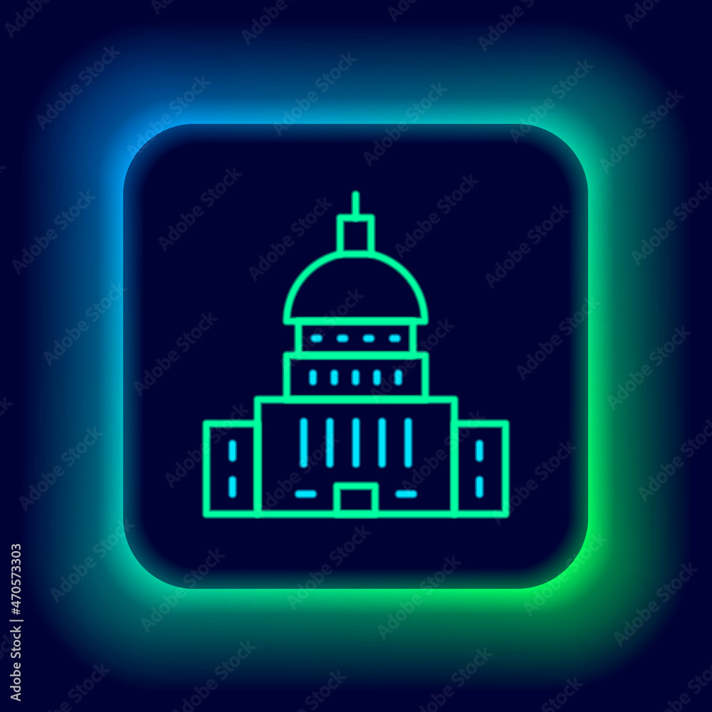 Glowing neon line White House icon isolated on black background. Washington DC. Colorful outline concept. Vector