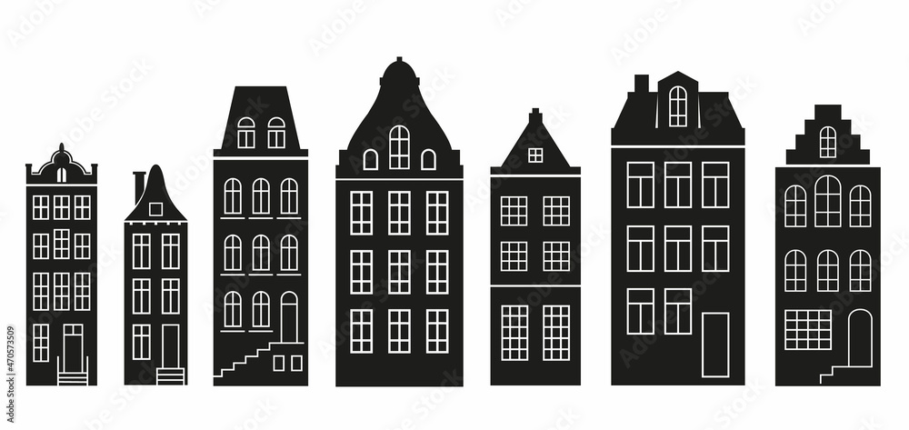 Silhouette of a row Amsterdam style houses. Facades of European old buildings for Christmas decoration. Vector set
