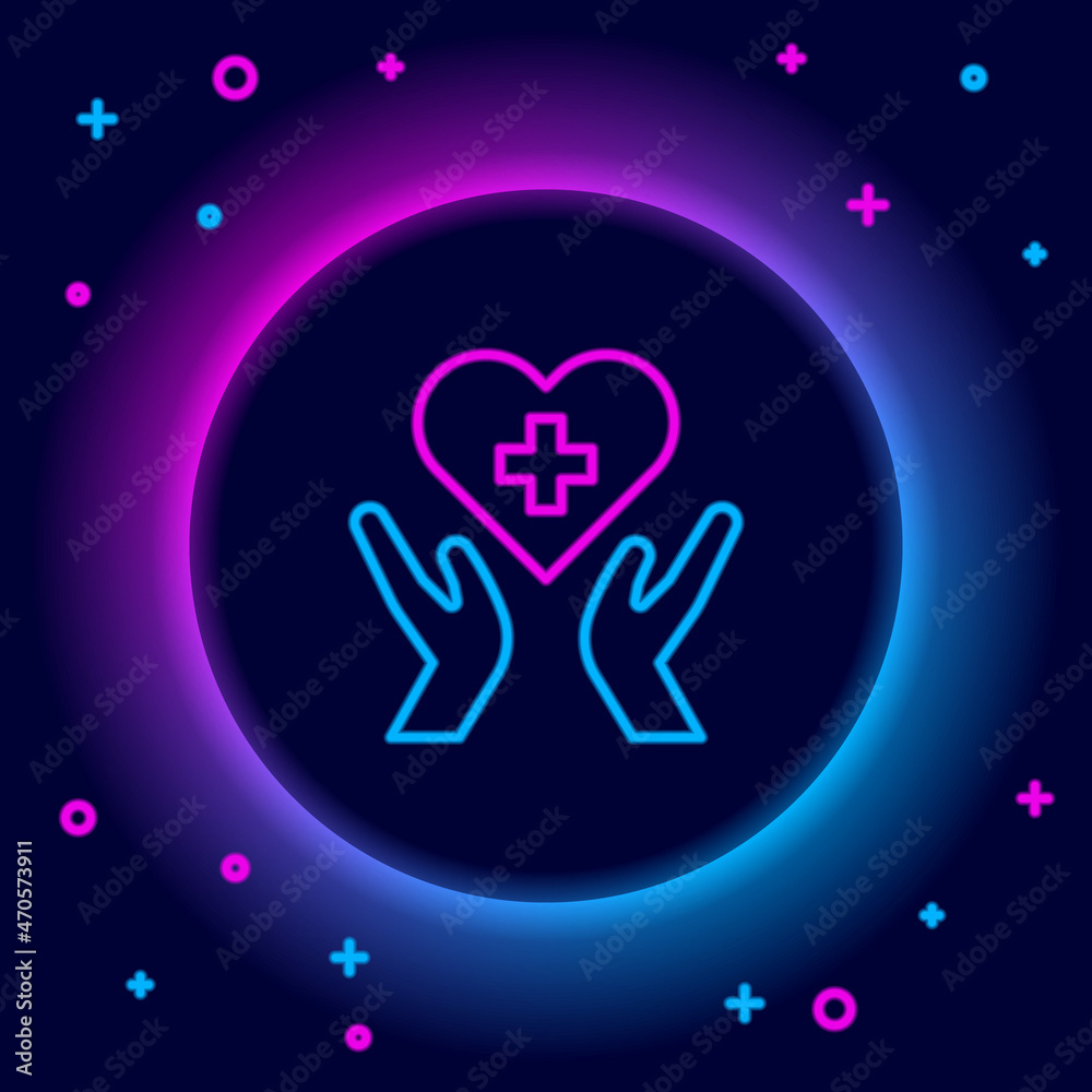 Glowing neon line Heart with a cross icon isolated on black background. First aid. Healthcare, medical and pharmacy sign. Colorful outline concept. Vector Glowing neon line Heart with a cross icon isolated on black background. First aid. Healthcare, medical and pharmacy sign. Colorful outline concept. Vector