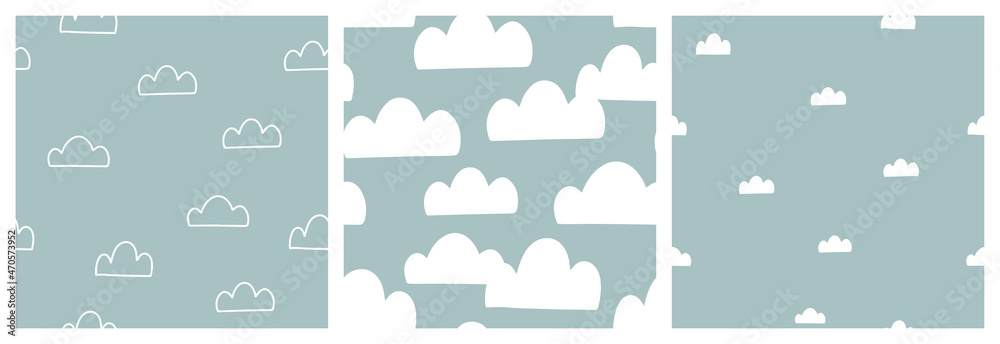 Cloud, blue sky vector seamless pattern set for baby bedding textile, poster background or wallpaper. - obrazy, fototapety, plakaty 