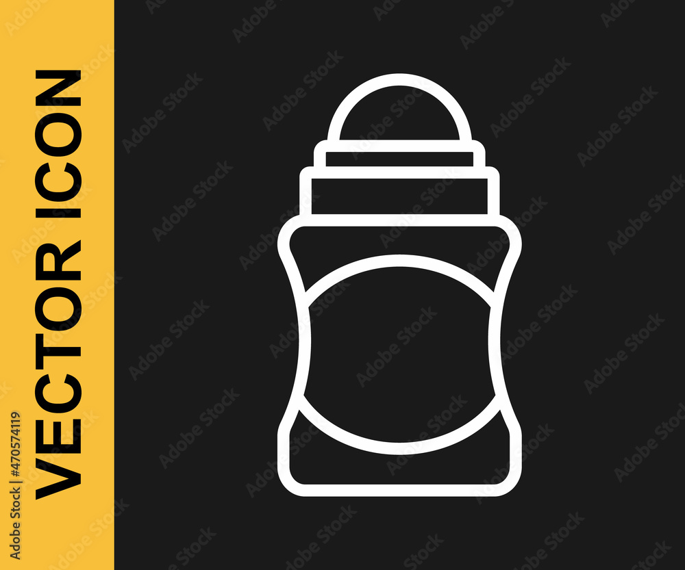 White line Antiperspirant deodorant roll icon isolated on black background. Cosmetic for body hygiene. Vector White line Antiperspirant deodorant roll icon isolated on black background. Cosmetic for body hygiene. Vector