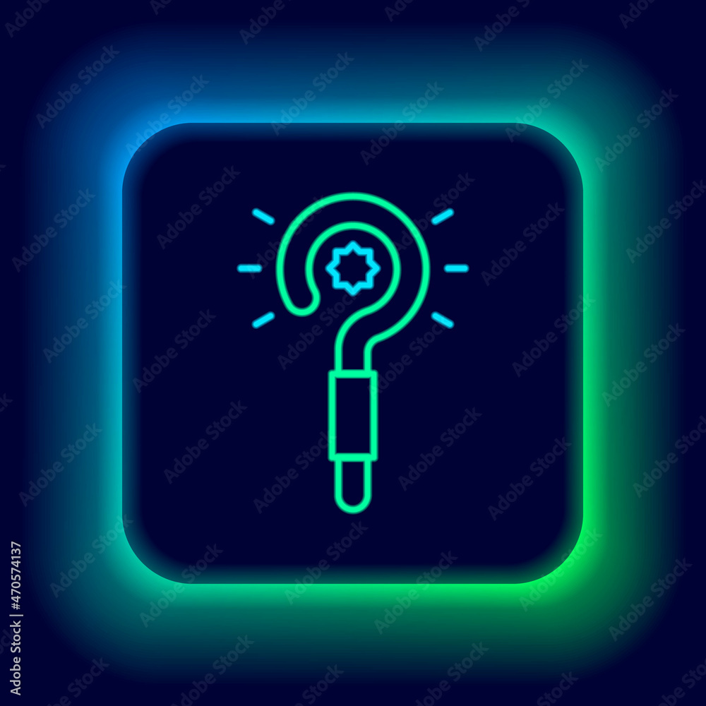 Glowing neon line Magic wand icon isolated on black background. Star shape magic accessory. Magical power. Colorful outline concept. Vector Glowing neon line Magic wand icon isolated on black background. Star shape magic accessory. Magical power. Colorful outline concept. Vector