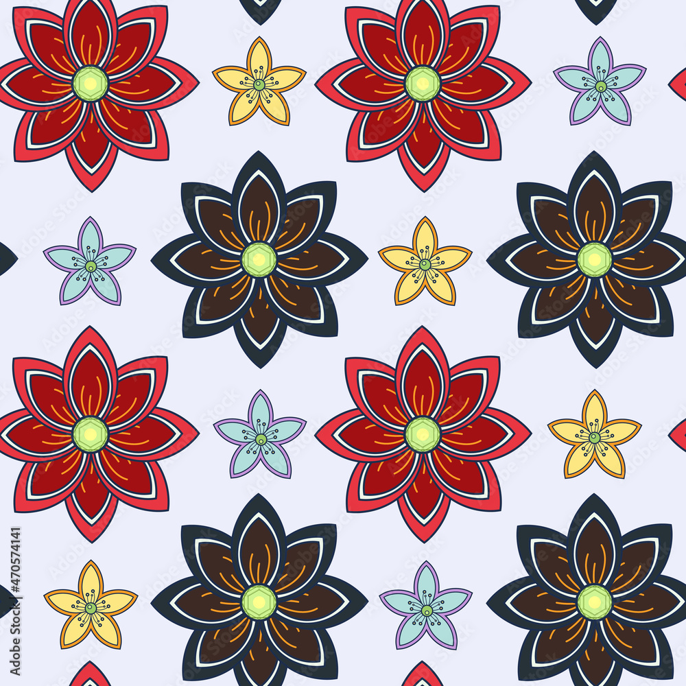Seamless pattern with flat red, dark, yellow, blue flower. Design for print screen backdrop ,Fabric and tile wallpaper.