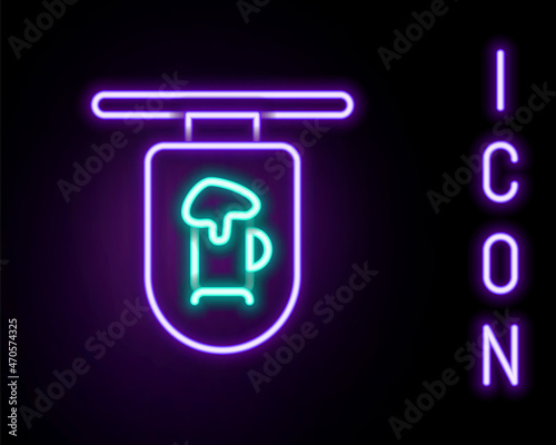 Glowing neon line Street signboard with inscription Bar icon isolated on black background. Suitable for advertisements bar, cafe, restaurant. Colorful outline concept. Vector