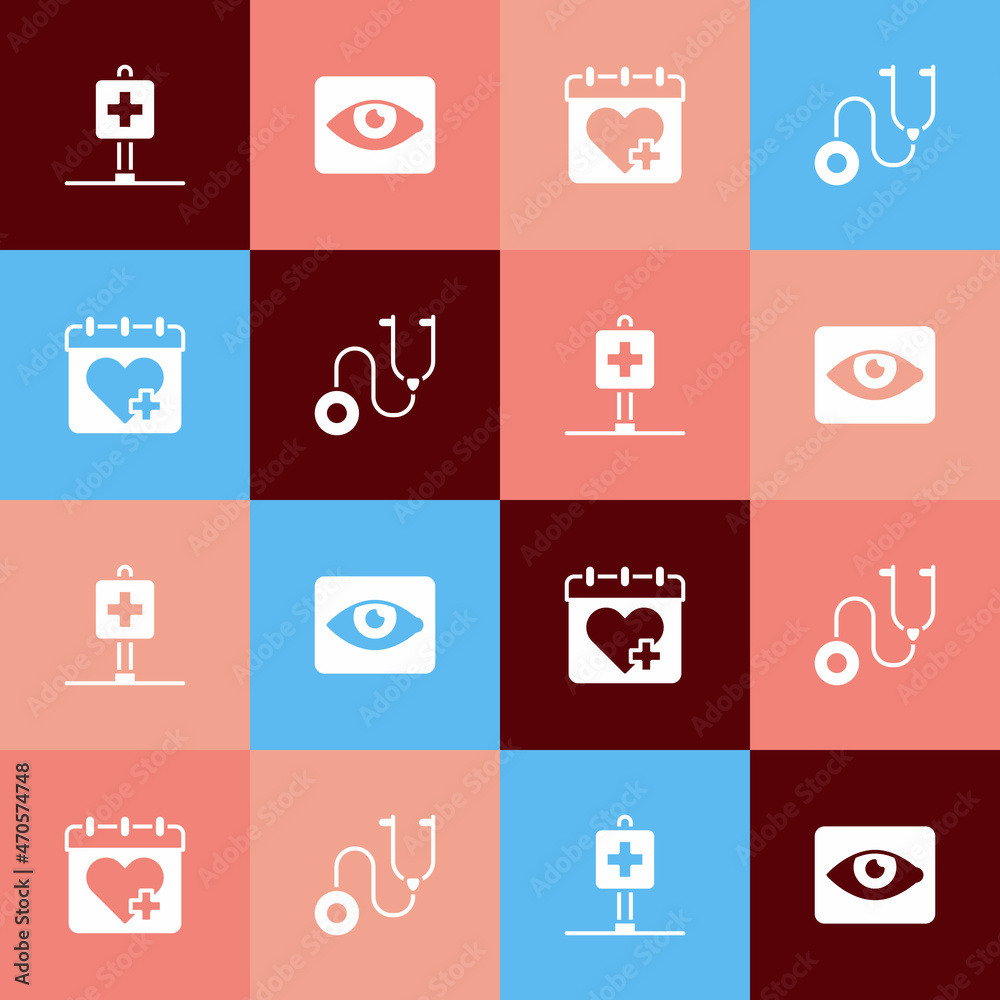 Set pop art Location hospital, Red eye effect, Doctor appointment and Stethoscope icon. Vector