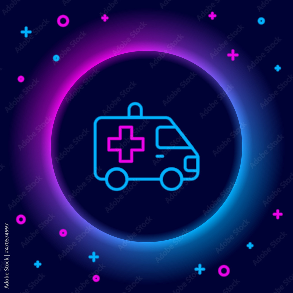 Glowing neon line Ambulance and emergency car icon isolated on black background. Ambulance vehicle medical evacuation. Colorful outline concept. Vector