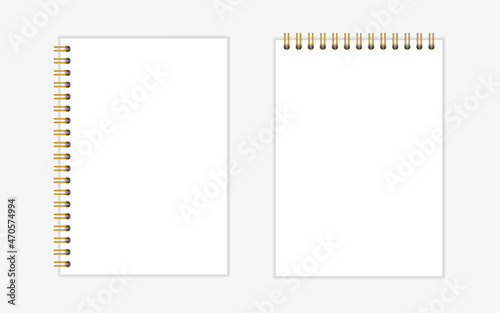 Notebook mockup A4 with gold spiral. Wire bound blank paper note book template. Vertical, horizontal sheets with gold spiral binding. Vector illustration isolated on realistic style on background.