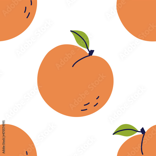 Peach fruit with leaf. Seamless pattern. Hand drawn vector illustration. Sweet natural food.