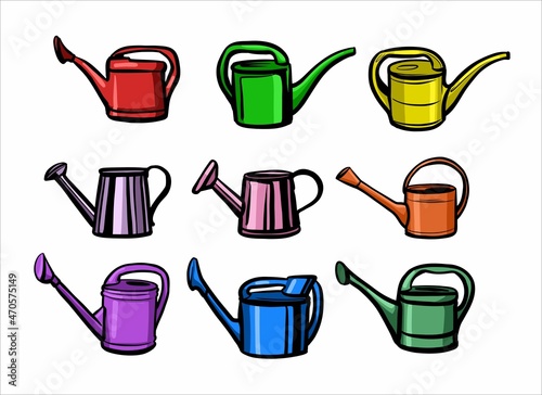 Set of colored watering cans, 9 pcs. Illustration on an isolated background. Vector.
