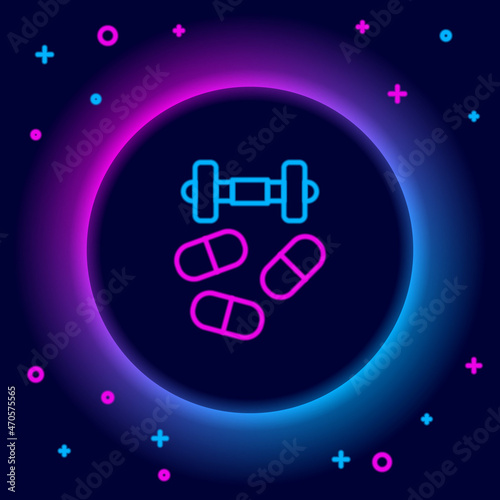 Glowing neon line Sports doping, anabolic drugs with dumbbell icon isolated on black background. Anabolic steroids tablet. Pills in jar. Colorful outline concept. Vector
