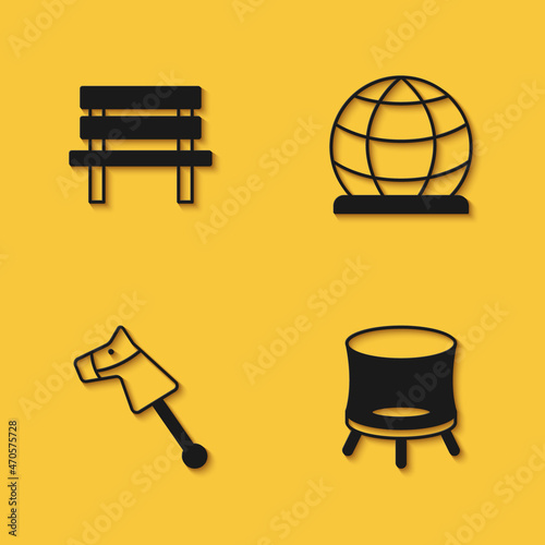 Set Bench, Jumping trampoline, Toy horse and Playground climbing equipment icon with long shadow. Vector