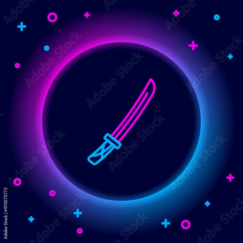 Glowing neon line Traditional Japanese katana icon isolated on black background. Japanese sword. Colorful outline concept. Vector