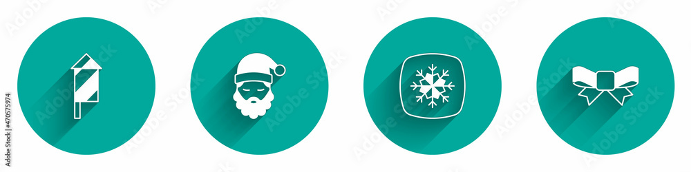 Set Firework rocket, Santa Claus hat and beard, Snowflake and Gift bow icon with long shadow. Vector Set Firework rocket, Santa Claus hat and beard, Snowflake and Gift bow icon with long shadow. Vector