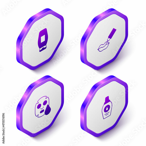 Set Isometric Bottle of shampoo, Lip augmentation, Facial cosmetic mask and icon. Purple hexagon button. Vector