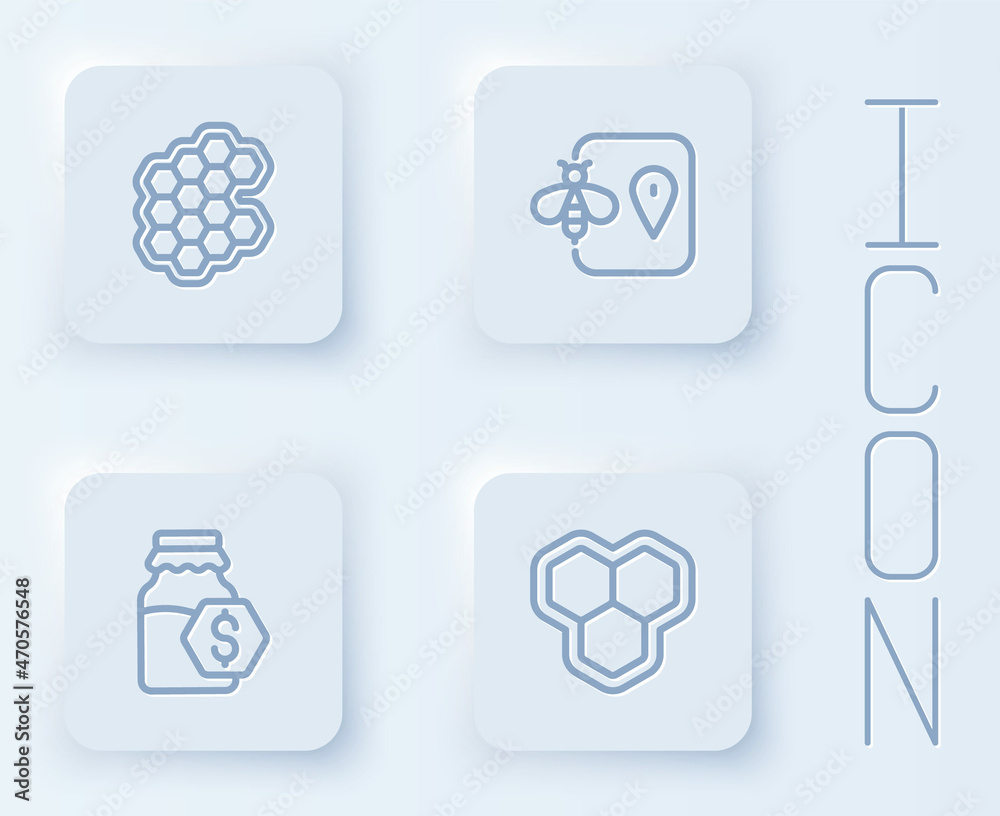 Set line Honeycomb, Bee location, Sale in jar of honey and . White square button. Vector Set line Honeycomb, Bee location, Sale in jar of honey and . White square button. Vector