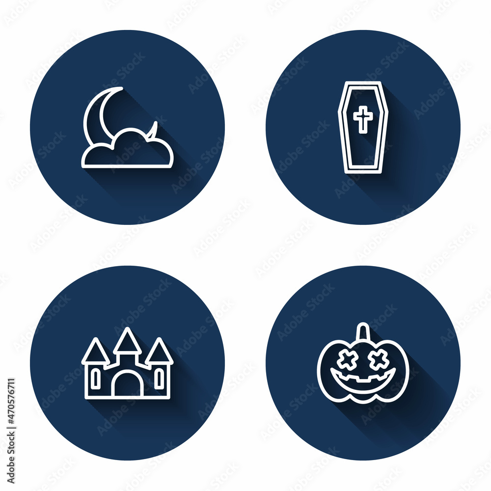 Set line Moon and stars, Coffin with christian cross, Castle and Pumpkin with long shadow. Blue circle button. Vector Set line Moon and stars, Coffin with christian cross, Castle and Pumpkin with long shadow. Blue circle button. Vector